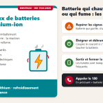 Fiche du feu de classe L (batteries lithium-ion, nouveauté de la norme ISO 3941:2026) : une batterie en surchauffe, des exemples (téléphones, power banks, ordinateurs, motos et trottinettes électriques, kits solaires), les moyens d'extinction (agent spécifique lithium, refroidissement prolongé, surveillance) et les réflexes : repérer les signes, éloigner et débrancher, sortir et fermer la porte, appeler le 180.